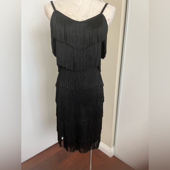 Black Latin Rhythm Practice Dance Dress with fringe. Size XS - Picture 2 of 11